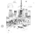 A sketch of a manga character with a Tokyo skyline as the background tattoo design idea