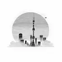 A sketch of a manga character with a Tokyo skyline as the background tattoo design idea