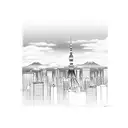 A sketch of a manga character with a Tokyo skyline as the background tattoo design idea