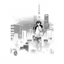 A sketch of a manga character with a Tokyo skyline as the background tattoo design idea