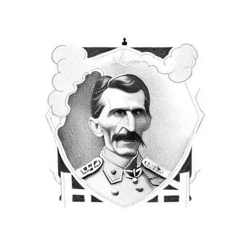A storm brewing over the Republika of Srpska flag, with Nikola Tesla's face in the clouds tattoo design idea
