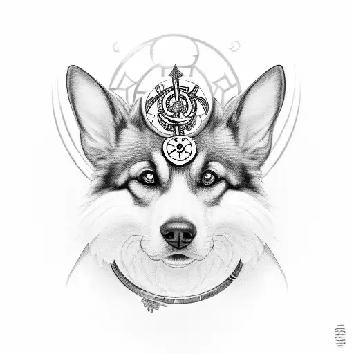 A black and grey portrait of a dog groomer surrounded by pagan symbols and tarot cards tattoo design idea
