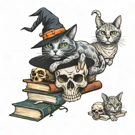 a cat wearing witch's hat, sitting on top of a human skull and stack of books, with potions and full moon in the back  tattoo design idea