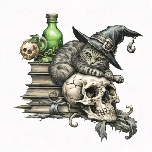 a cat wearing witch's hat, sitting on top of a human skull and stack of books, with potions and full moon in the back  tattoo design idea