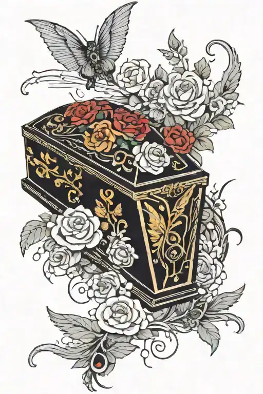 A traditional-style coffin adorned with intricate wings and roses tattoo design idea
