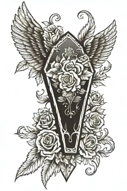 A traditional-style coffin adorned with intricate wings and roses tattoo design idea