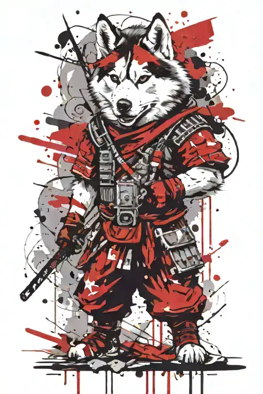 Husky with black and white fur, with a samurai sword, in the middle of the battlefield  tattoo design idea