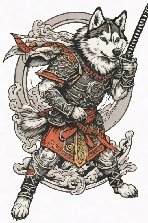 Husky with black and white fur, with a samurai sword, in the middle of the battlefield  tattoo design idea
