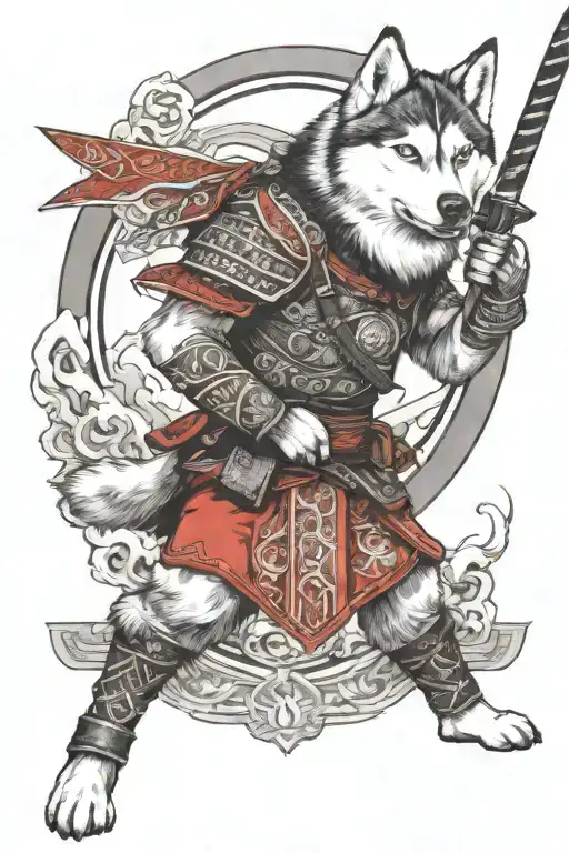 Husky with black and white fur, with a samurai sword, in the middle of the battlefield  tattoo design idea
