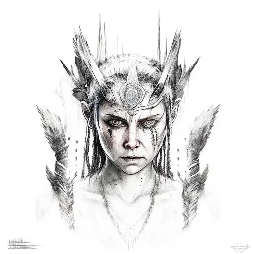 picture senua from the game "Hellblade - Senua's Sacrifice" in sketch style tattoo. she should look away from the viewer tattoo design idea