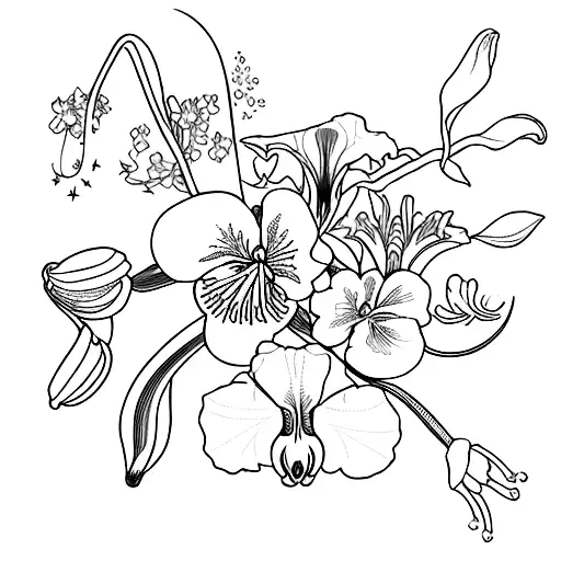 one stargazer lily, one iris, one pansy, one cherry blossom tree branch and some leaves tied together with some string tattoo design idea