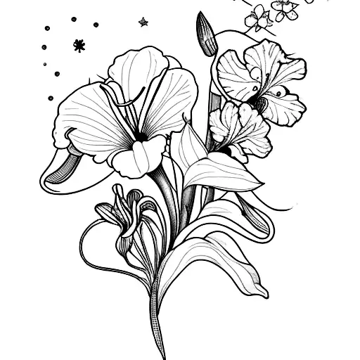 a line work flower bouquet with one stargazer lily, one iris, one pansy, one cherry blossom tree branch tattoo design idea