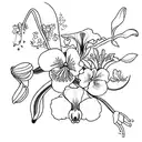 one stargazer lily, one iris, one pansy, one cherry blossom tree branch and some leaves tied together with some string tattoo design idea