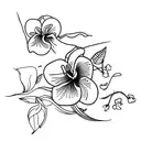 one stargazer lily, one iris, one pansy, one cherry blossom tree branch and some leaves tied together with some string tattoo design idea