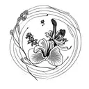 one stargazer lily, one iris, one pansy, one cherry blossom tree branch and some leaves tied together with some string tattoo design idea