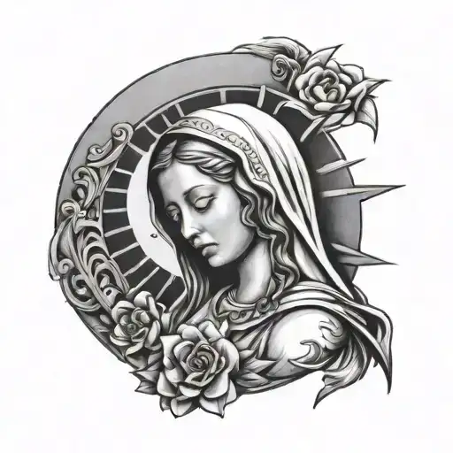 virgin mary crying with half moon and sun on top of her tattoo design idea