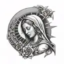 virgin mary crying with half moon and sun on top of her tattoo design idea