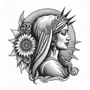 virgin mary crying with half moon and sun on top of her tattoo design idea