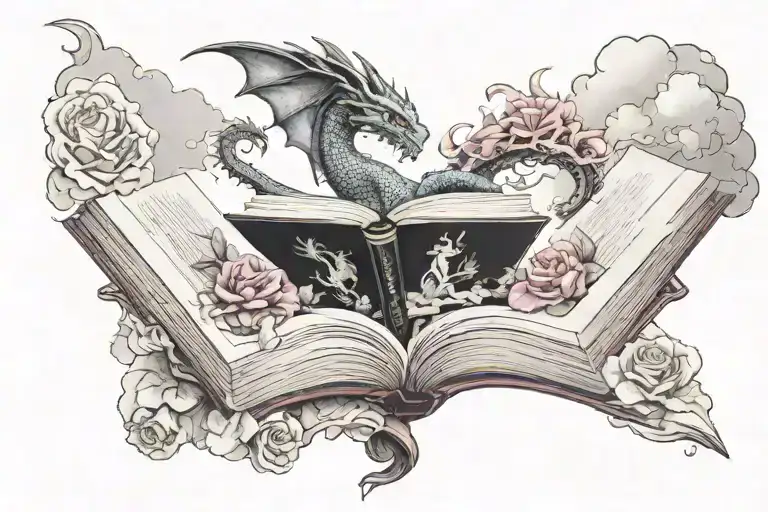 open book with woman reading and 3d dragon bursting out with smoke and clouds and castles and forests and roses tattoo design idea