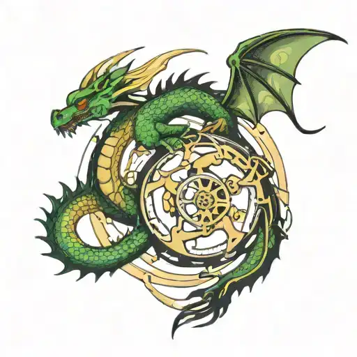 A futuristic dragon intertwined with a mechanical ouroboros symbolizing eternal cycles tattoo design idea