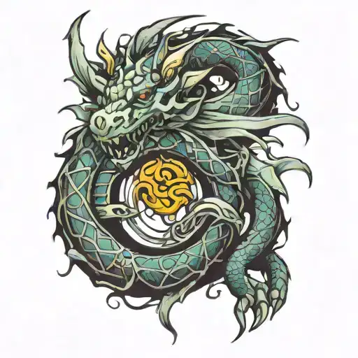 An abstract interpretation of a dragon and ouroboros merging together, with a ring as the focal point tattoo design idea