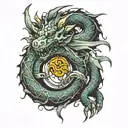 An abstract interpretation of a dragon and ouroboros merging together, with a ring as the focal point tattoo design idea