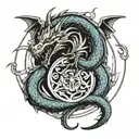 An abstract interpretation of a dragon and ouroboros merging together, with a ring as the focal point tattoo design idea