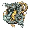 An abstract interpretation of a dragon and ouroboros merging together, with a ring as the focal point tattoo design idea