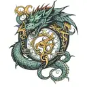 An abstract interpretation of a dragon and ouroboros merging together, with a ring as the focal point tattoo design idea