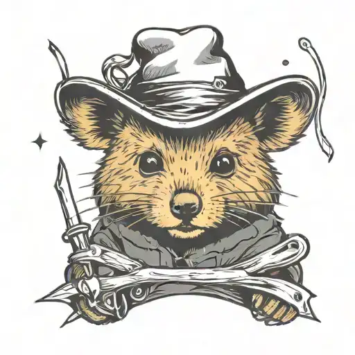 Quokka in a wizarding hat with a  wand casting a spell, minimalistic tattoo design idea