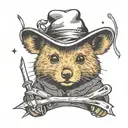 Quokka in a wizarding hat with a  wand casting a spell, minimalistic tattoo design idea