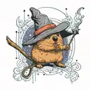 Quokka in a wizarding hat with a  wand casting a spell, minimalistic tattoo design idea