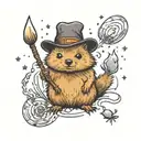 Quokka in a wizarding hat with a  wand casting a spell, minimalistic tattoo design idea