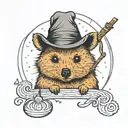 Quokka in a wizarding hat with a  wand casting a spell, minimalistic tattoo design idea