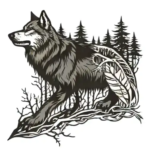 wolf in wild with trees and arrows   tattoo design idea