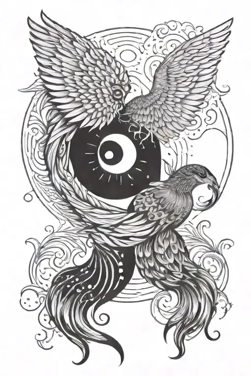 A phoenix and cat in a ying yang design, representing balance and harmony tattoo design idea