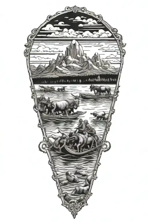 Tetons dark and ominous in background raft full of skeletons in river foreground and a heard of zombie bison tattoo design idea