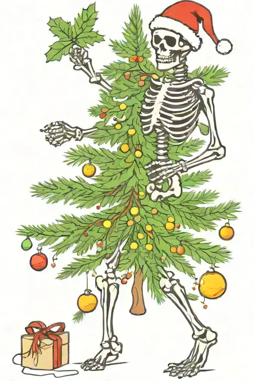 dancing skeleton under christmas tree tattoo design idea