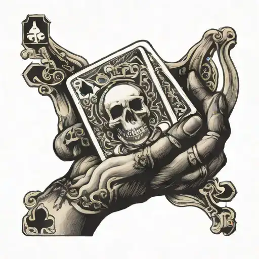 bone hand holding 3 playing cards all kings tattoo design idea