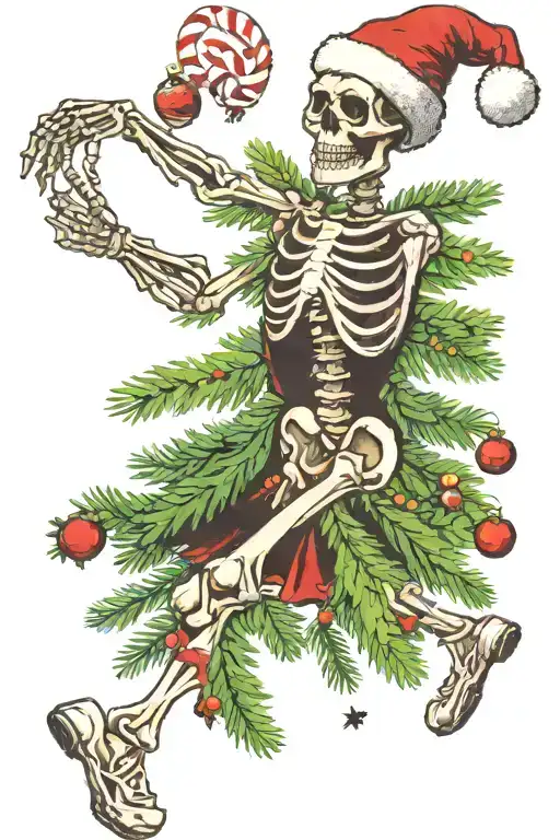 dancing skeleton under christmas tree tattoo design idea