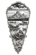 Tetons dark and ominous in background raft full of skeletons in river foreground and a heard of zombie bison tattoo design idea