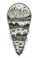 Tetons dark and ominous in background raft full of skeletons in river foreground and a heard of zombie bison tattoo design idea