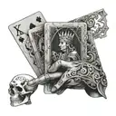 bone hand holding 3 playing cards all kings tattoo design idea