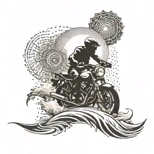 A dotwork tattoo of a sun setting behind a silhouette of a motorcycle on a beach with crashing waves tattoo design idea