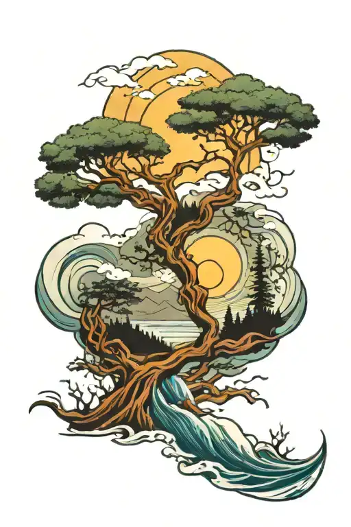 picture of my dad with a tree and river and  sun and waves and mountain in ECG tattoo design idea