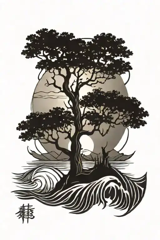 picture of my dad with a tree and river and  sun and waves and mountain in ECG tattoo design idea