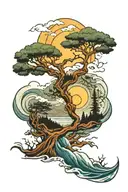 picture of my dad with a tree and river and  sun and waves and mountain in ECG tattoo design idea