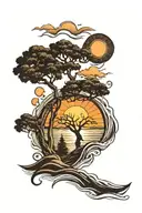 picture of my dad with a tree and river and  sun and waves and mountain in ECG tattoo design idea