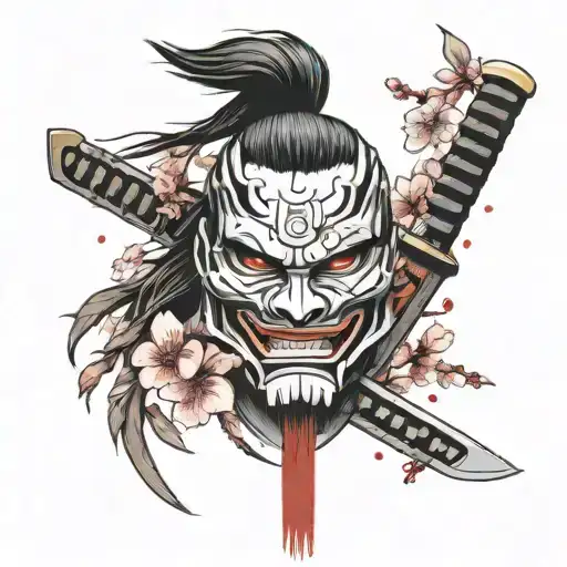 Ghost of tsushima samurai mask with sword going through mask and cherry blossom flower, mask facing front tattoo design idea