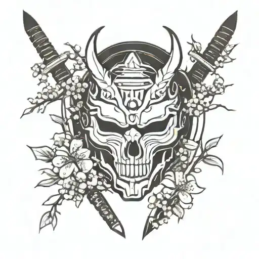 Ghost of tsushima mask with sword going through mask and cherry blossom flower tattoo design idea